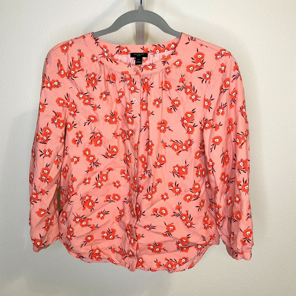 Ann Taylor Petite Floral Shirred 3/4 Sleeve Blouse - Pink